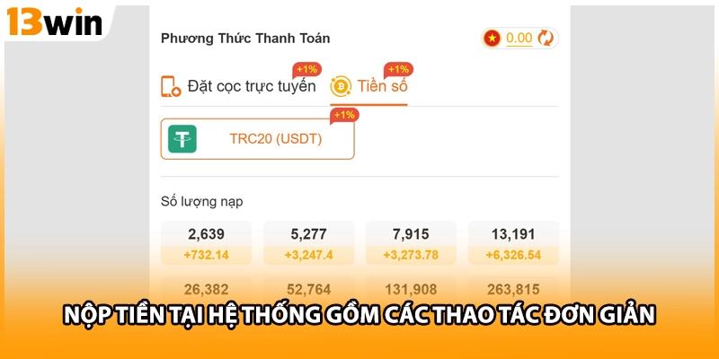 Nộp tiền tại hệ thống gồm các thao tác đơn giản