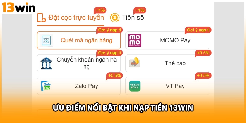 Ưu điểm nổi bật khi nạp tiền 13WIN 